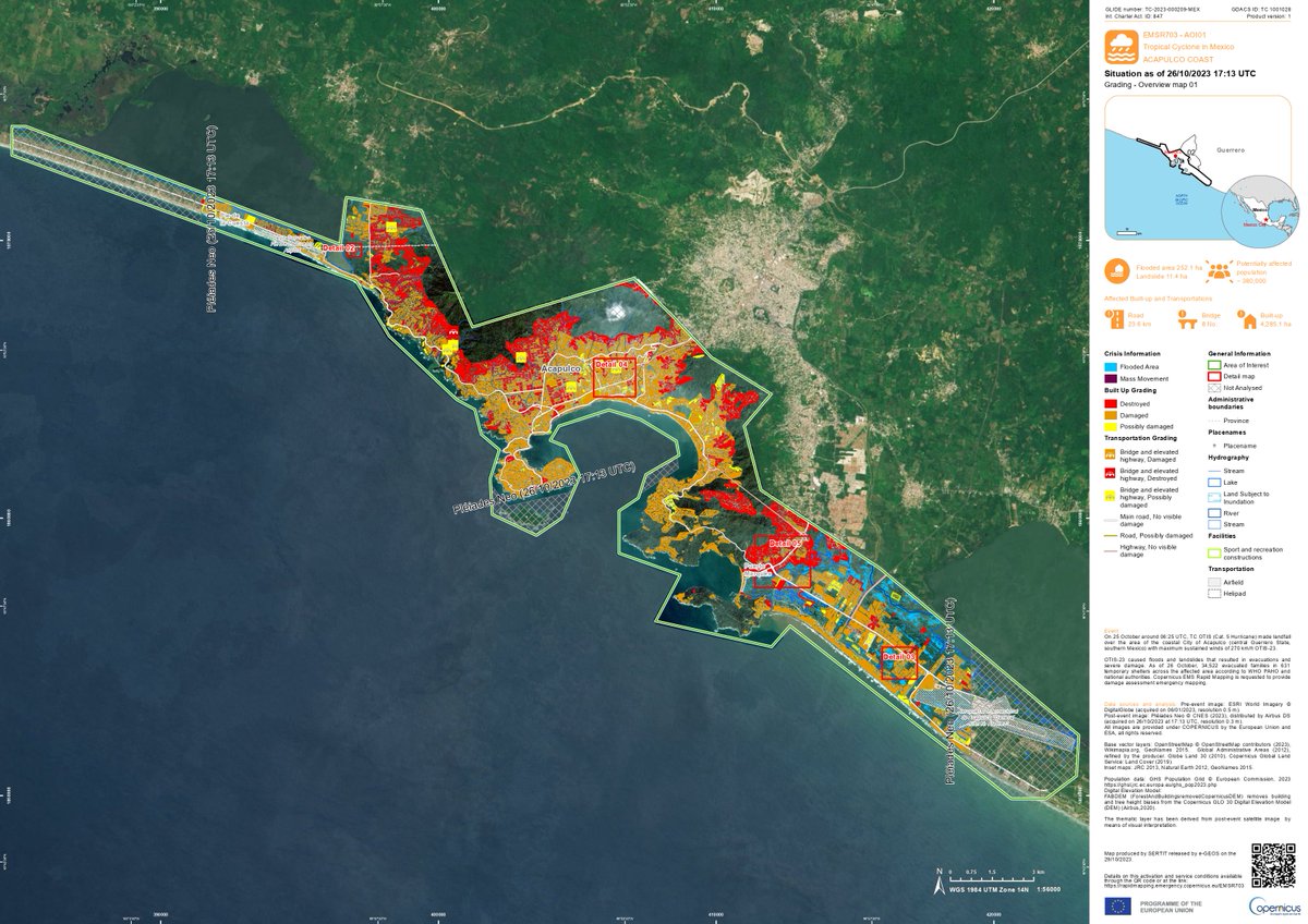 Copernicus Emergency Management Services (@CopernicusEMS) dio a conocer este mapa de afectaciones de la zona de #Acapulco partir de imágenes de alta resolución WorldView-3 (resolución de = 1 m) y Pleaides-Neo (resolución 30 cm). #Otis 🟥Zonas destruidas - afectaciones