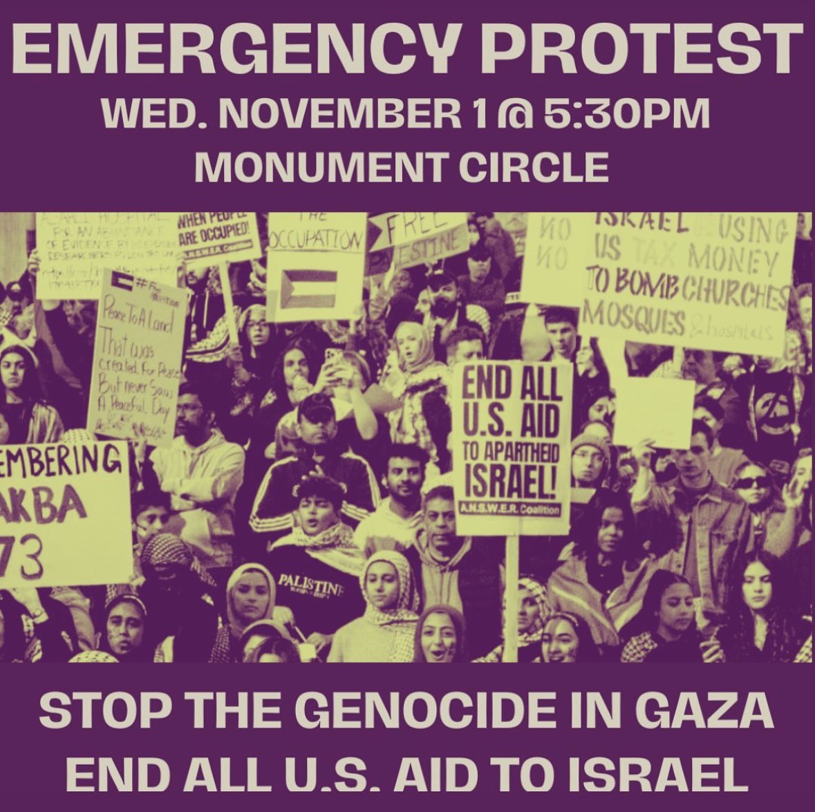 🚨EMERGENCY PROTEST 11/1🚨
🇵🇸🇵🇸🇵🇸
This Wednesday join <a href="/indylibcenter/">Indianapolis Liberation Center</a> on the circle at 5:30pm as we continue to demand an end to the US-funded genocide in Gaza!

#FreePalestine
#LetGazaLive
