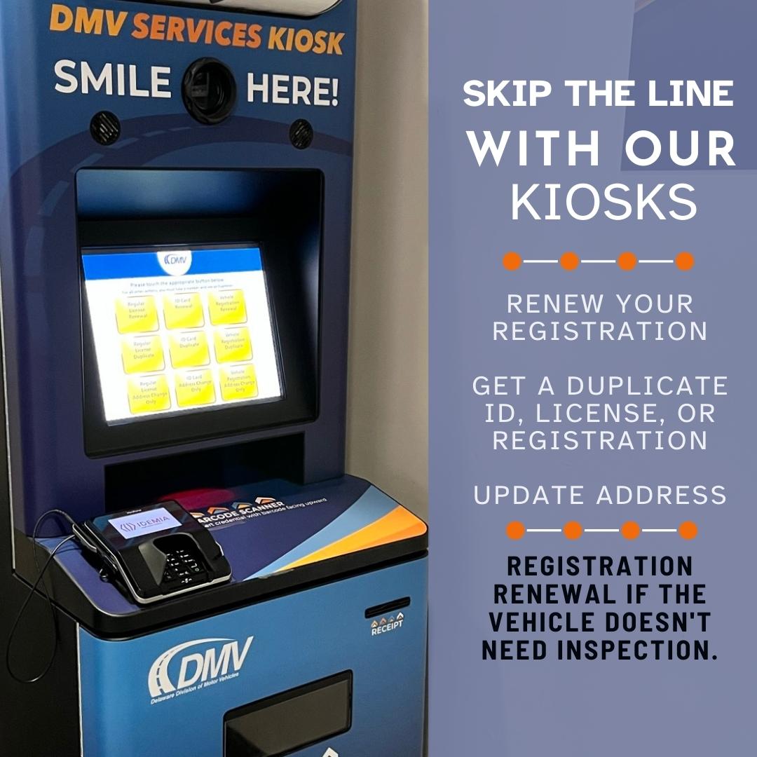 DelawareDMV's tweet photo. Need to get a duplicate license/ID, change your address, or renew your registration? Why not try our kiosks? They're quick & easy to use. #MoreWaystoDMV #ConvenienceisKey #NoLines https://t.co/bbYXSKv233