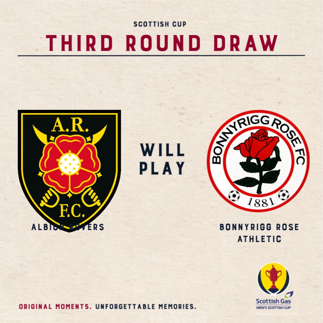 Bonnyrigg Rose (@bonnyriggrose) on Twitter photo We have been drawn against former league rivals <a href="/albionrovers/">Albion Rovers FC</a> in the <a href="/scottishgas/">Scottish Gas</a> <a href="/ScottishCup/">Scottish Gas Scottish Cup</a> third round. Tie is due to take place on the weekend of 25th November.
#COTR🌹 We have been drawn against former league rivals <a href="/albionrovers/">Albion Rovers FC</a> in the <a href="/scottishgas/">Scottish Gas</a> <a href="/ScottishCup/">Scottish Gas Scottish Cup</a> third round. Tie is due to take place on the weekend of 25th November.
#COTR🌹