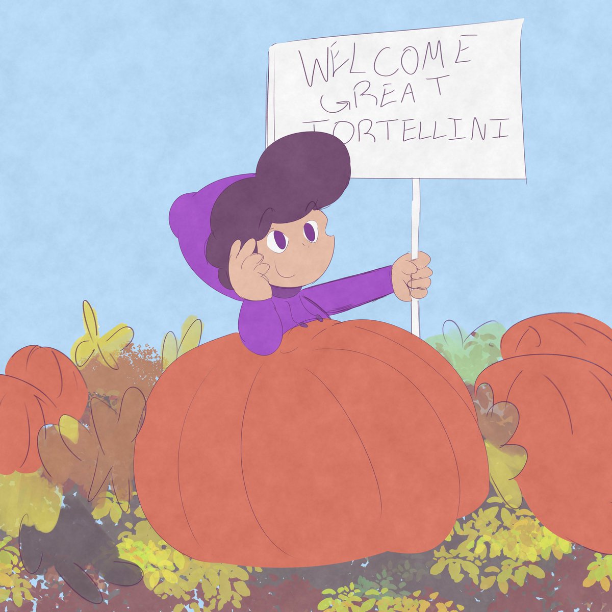 comealongsd's tweet photo. Happy Halloween ! Every year, Endermin sits in the pumpkin patch, awaiting the ‘Great Tortellini’… 

Most tell him not to believe in such silly stories, but he remains undeterred. 

“I think it’s good to have something to believe in!”
“At least he’s not annoying anyone…” https://t.co/igjatArmF9