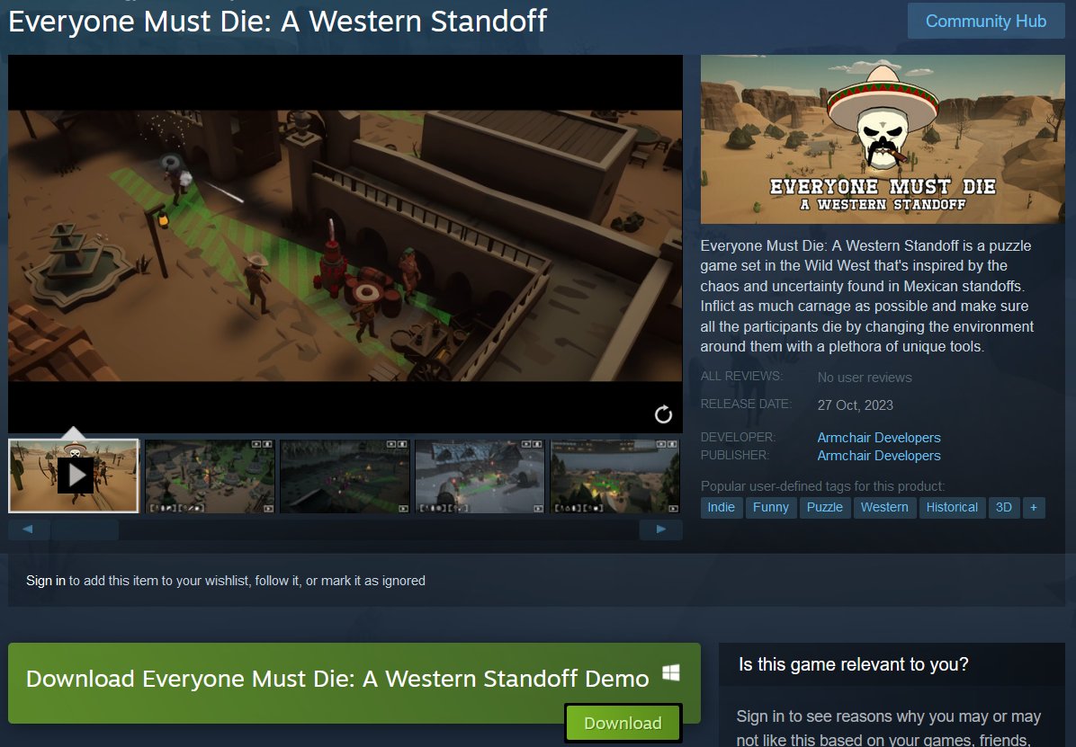 armchairdevs's tweet photo. To celebrate the launch of Everyone Must Die: A Western Standoff, we're making a demo available! 🥳🎉 Try it out now🤠

#SteamNextFest #indiedev #unity3d #indiegamedeveloper #indiegame #madewithunity #gamedev #gaming #Steam #everyonemustdie #puzzlegame #launch #screenshotsaturday https://t.co/cX2sucoW2d