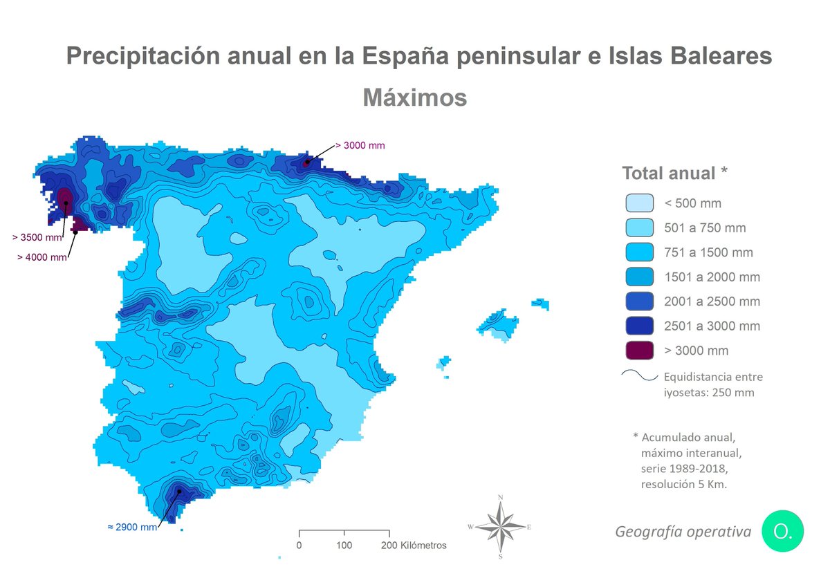 Mapa pluviométrico con la precipitación anual máxima registrada en  la serie 1951-2018, basados en la rejilla 5 km de AEMET -con lo que la resolución conlleva. Se representan máximos que pueden corresponder a distintos años (dentro de la serie) alcanzados en diferentes lugares.