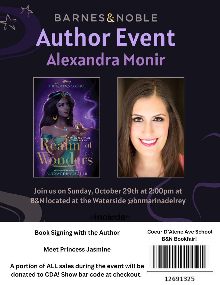 TODAY at 2 PM!! 🎉 Join us in LA at the brand-new @BNMarinadelRey (now at 4752 Admiralty Way!) for a book talk & signing, with Halloween refreshments and a visit from Princess Jasmine! 👑📖 @DisneyBooks