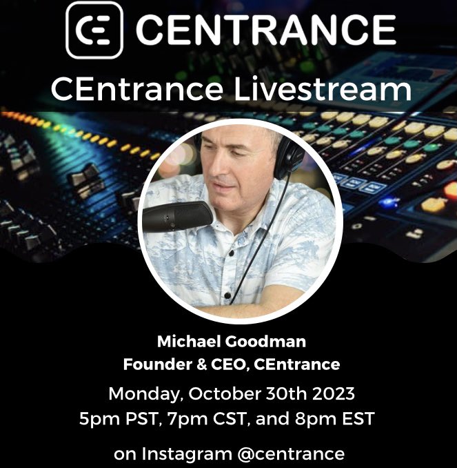 Tune in to our livestream on our Instagram page tomorrow with CEntrance Founder and CEO, Michael Goodman! He will be discussing all things music, tech, and of course, special sneak peeks of what we have going on at CEntrance HQ!

#centrance #audio #music #podcast #creator