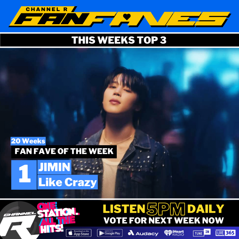 channelrradio's tweet photo. 👍Thanks for joining the #ChannelRFanFaves Results Show. #Jimin's 'Like Crazy' is the #1 Fan Fave Of The Week for a 20th week!
Hear it play 3X daily ALL week.
#V was #2 & #Halsey + #Suga #3.
Voting is now OPEN for next week on our website & app: https://t.co/toJFlQdDZw