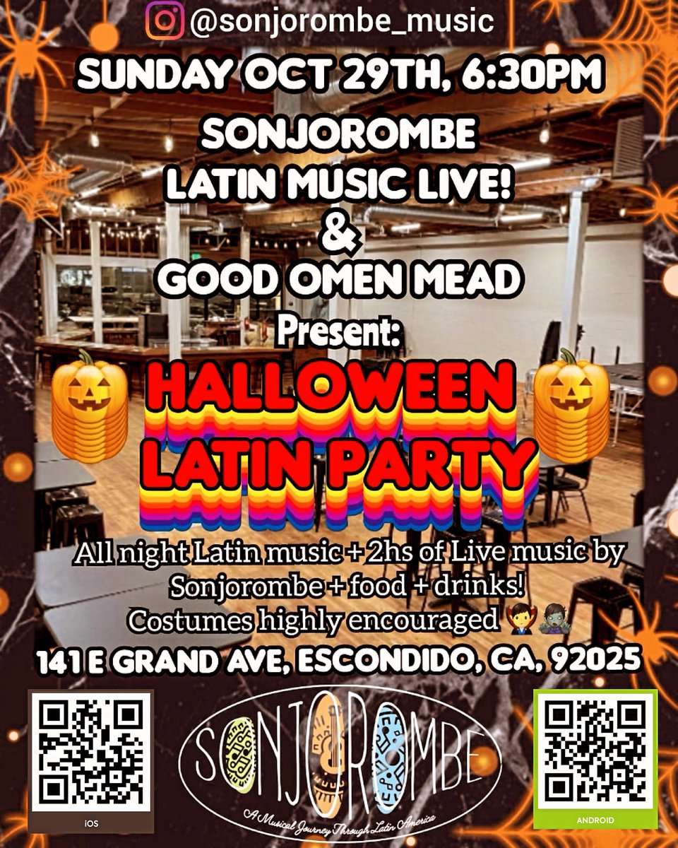 ibswearin's tweet photo. For a fun Sunday (Hallow’s) evening, come enjoy and support my band #SonJorombe @ Good Omen Mead (and komboucha bar w/ room to dance) in Escondido. $10 cover. Costumes encouraged! ¡Espero verles alli! https://t.co/JQp6uHV7Eb