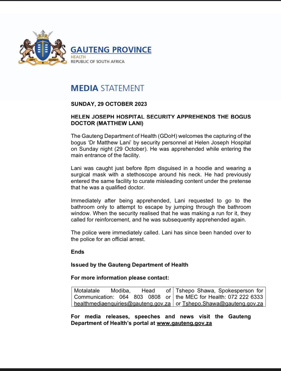 MEDIA STATEMENT || HELEN JOSEPH HOSPITAL SECURITY APPREHENDS THE BOGUS DOCTOR (MATTHEW LANI)