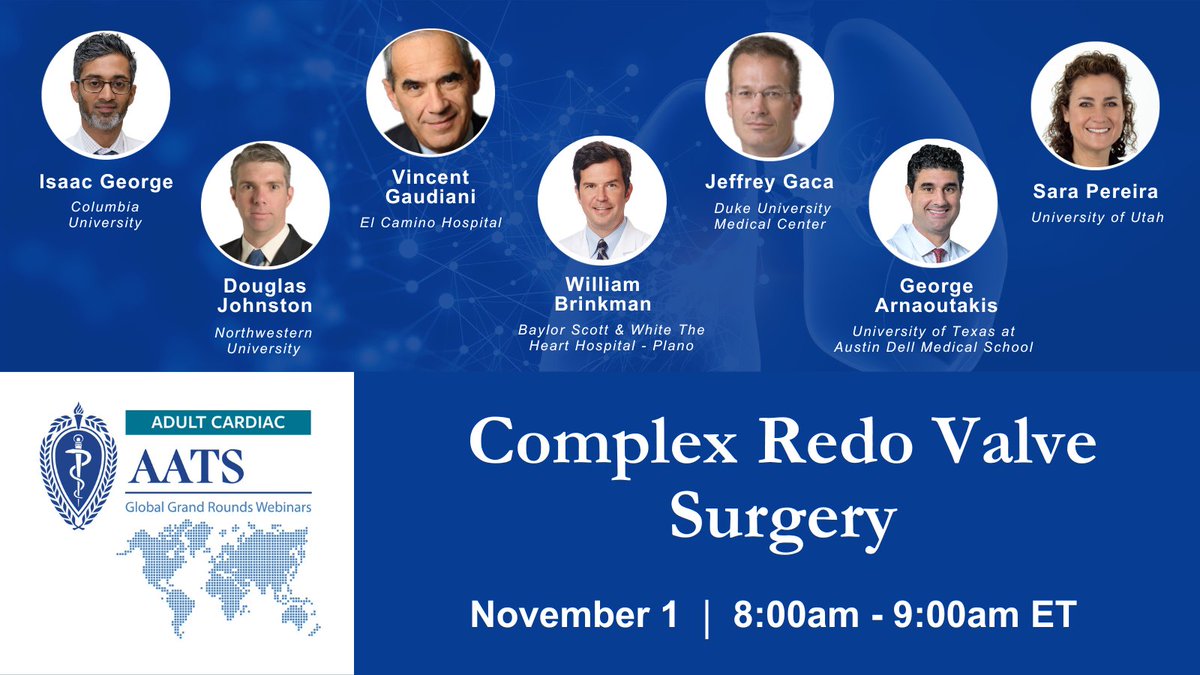 Register for this month's adult #cardiac Global Grand Rounds webinar that includes main tips and tricks for complex redo valve surgery and a panel discussion on two cases. Join us 11/1 at 8am ET: aats.org/events/complex…

#CardiacTwitter #CardiacSurgery