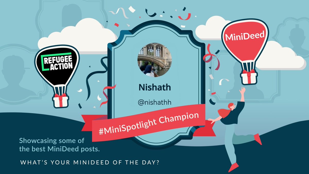 MiniDeed's tweet image. This week's #MiniSpotlight goes to Nishath's post for @RefugeeAction, expressing gratitude for every interaction; from moments shared with loved ones, to smiles exchanged with strangers. 🥰

minideed.page.link/1d3k