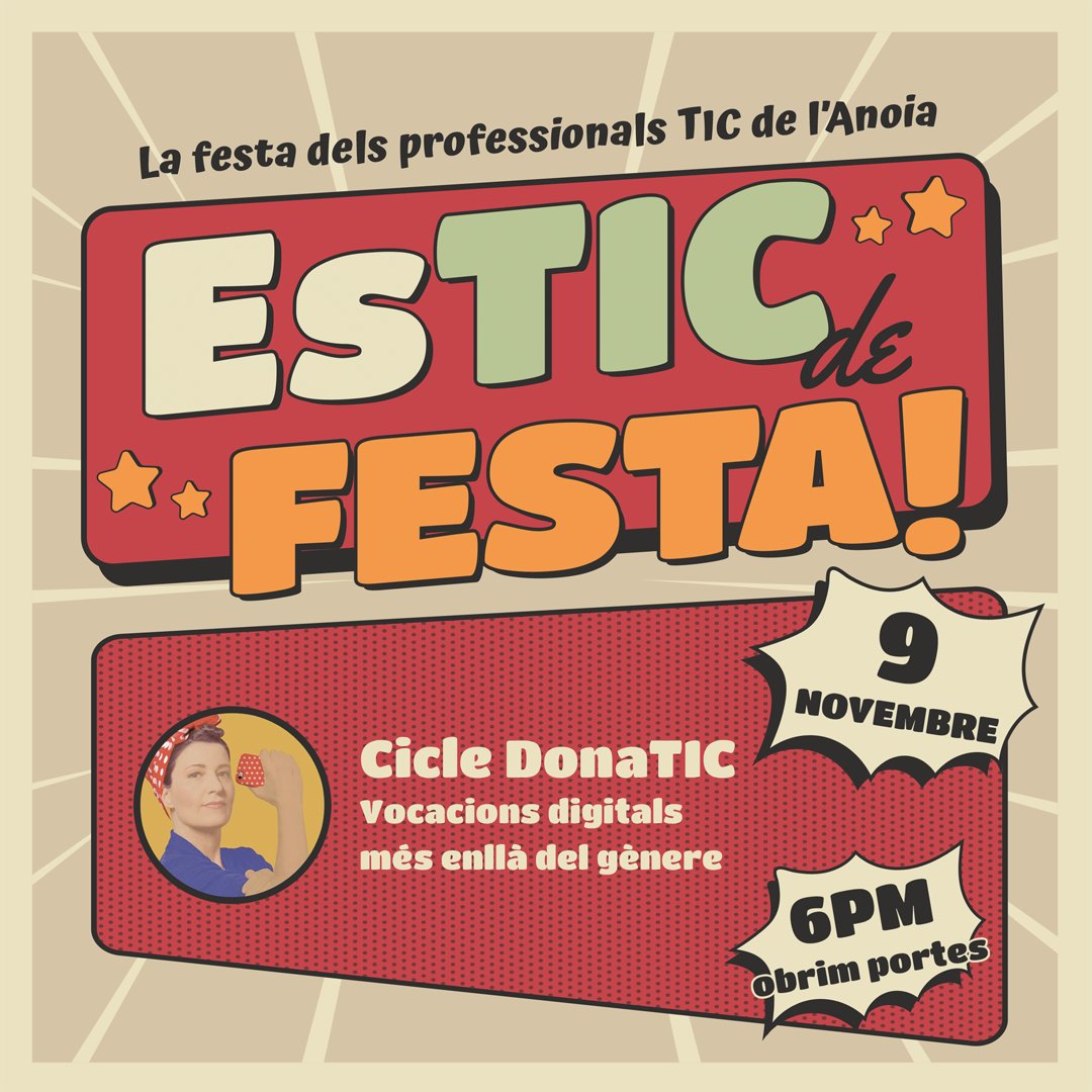TICAnoia (@ticanoia) on Twitter photo 📢 No et perdis la taula rodona "Vocacions digitals més enllà del gènere” amb <a href="/ConxiPerez/">Conxi Perez Andreu</a> <a href="/AureaRodriguezL/">Àurea Rodríguez ↗️</a> <a href="/EsterComenge/">Ester_Comenge</a> <a href="/patrilla12/">Patrícia Illa</a> , part del Cicle Dona TIC de <a href="/tic/">TIC Catalunya</a>
T'esperem amb els braços oberts! 👉 ticanoia.cat/esticdefesta
#TICAnoia10 <a href="/TICAnoia/">TICAnoia</a> <a href="/i2CAT/">i2CAT Research Centre</a> <a href="/SECARTYS/">Secartys</a> <a href="/tic/">TIC Catalunya</a> 📢 No et perdis la taula rodona "Vocacions digitals més enllà del gènere” amb <a href="/ConxiPerez/">Conxi Perez Andreu</a> <a href="/AureaRodriguezL/">Àurea Rodríguez ↗️</a> <a href="/EsterComenge/">Ester_Comenge</a> <a href="/patrilla12/">Patrícia Illa</a> , part del Cicle Dona TIC de <a href="/tic/">TIC Catalunya</a>
T'esperem amb els braços oberts! 👉 ticanoia.cat/esticdefesta
#TICAnoia10 <a href="/TICAnoia/">TICAnoia</a> <a href="/i2CAT/">i2CAT Research Centre</a> <a href="/SECARTYS/">Secartys</a> <a href="/tic/">TIC Catalunya</a>