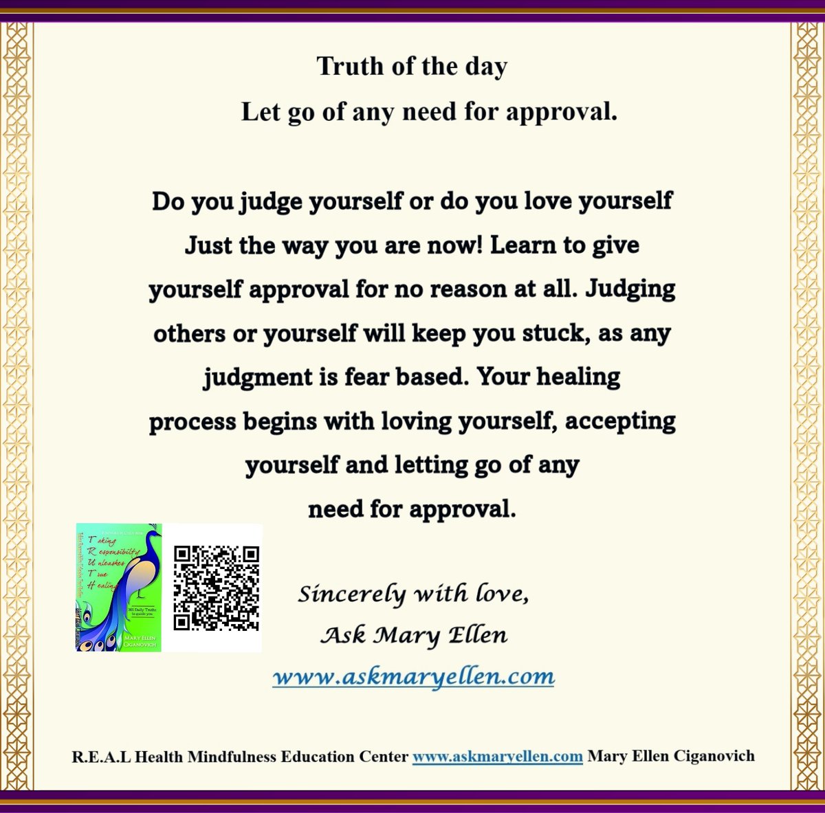 askmaryellen's tweet photo. Truth of the day: Let go of any need for approval. Learn to love yourself first. Let go of judgements. #askmaryellen #Truthoftheday #TuesdaysTruth #dailydevotionals #inspirationalauthor https://t.co/y0Sk80xZ71 T.R.U.T.H. https://t.co/coPyreujyq https://t.co/FFU98zXgYW