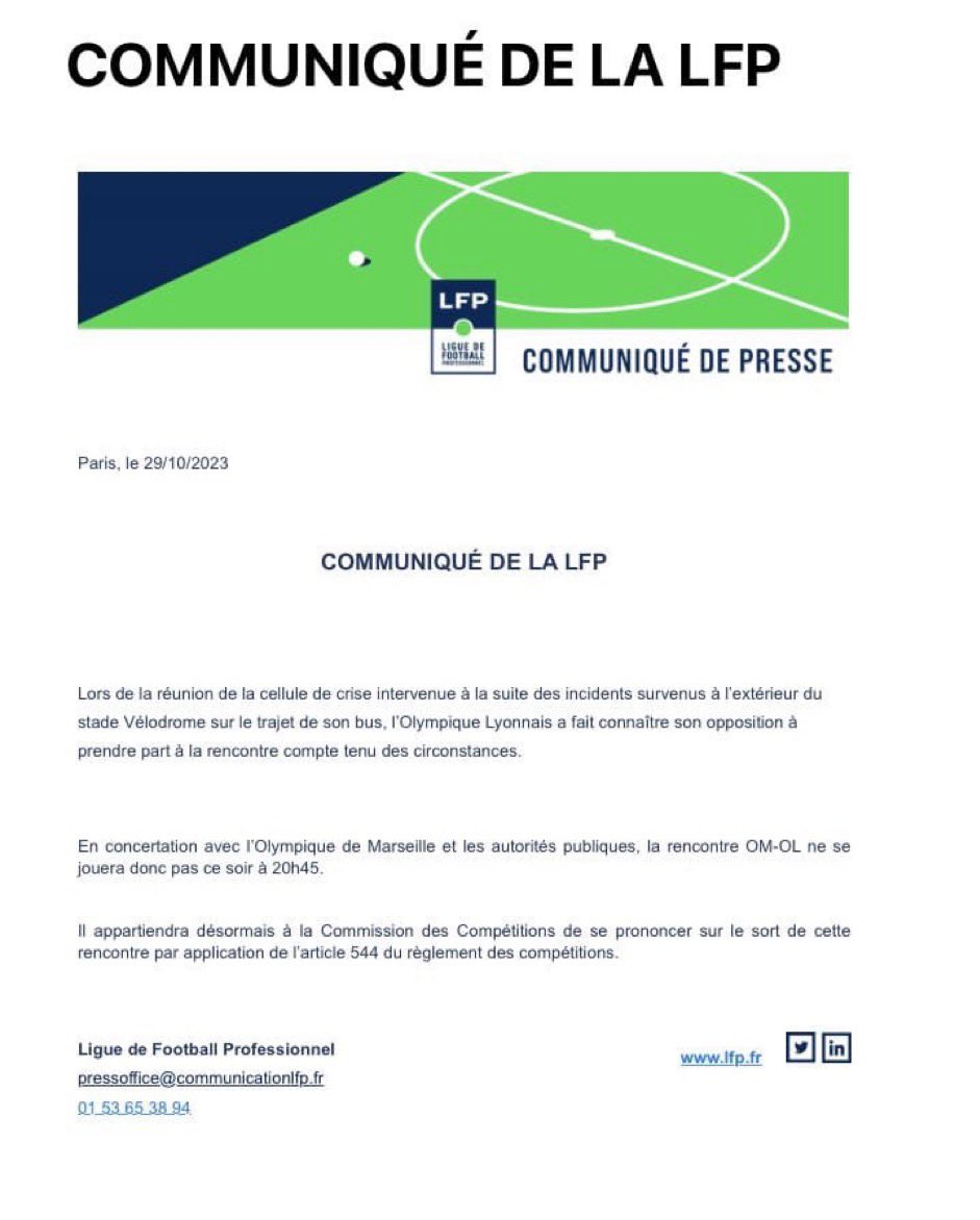 Footballogue's tweet photo. 🚨 Communiqué de la LFP :

« L’Olympique Lyonnais a fait connaître son opposition à prendre part à la rencontre compte tenu des circonstances. » https://t.co/3qcuwBSfyH