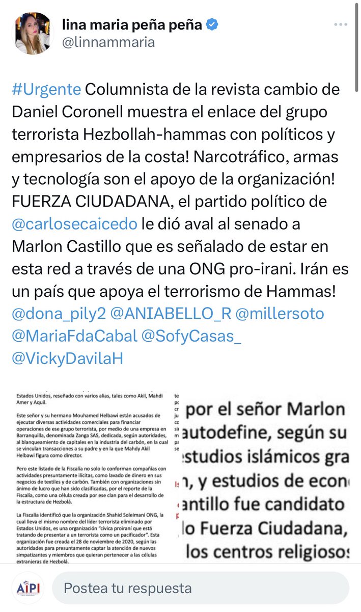 AIPICOL's tweet photo. 🚨Rechazamos intimidación judicial del señor @MarlonCantilloB contra la periodista y directora de @AIPICOL Lina Peña @linnammaria
Cantillo Botero, quien aparece en un informe de @FiscaliaCol relacionado con una ONG alineada con Irán y Hamás, fue candidato de Fuerza Ciudadana🚨 https://t.co/b2yj5sblsM