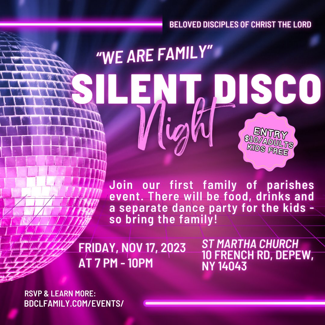 smalancaster's tweet photo. 🕺✨"We Are Family" Silent Disco Night! ✨🕺

We are hosting our first Family of Parishes event! Join us as we dance the night away at St Martha Parish with a Silent Disco on Friday, Nov, 17 at 7pm!

Purchase your tickets online to save your spot: https://t.co/fXS9CiZqgb https://t.co/WFsPfNf9eJ