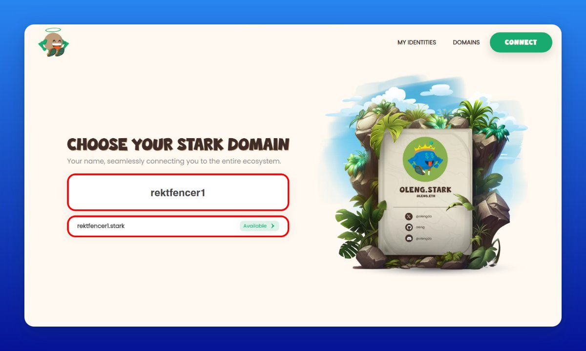 rektfencer's tweet photo. To start the quests, you need to Mint Starknet Domain:

• Visit https://t.co/XgrX8vqx20
• Enter a domain name of your choice that is available
• Click on your domain and fill in all the required fields
• Click on "Mint" https://t.co/gwpfRqcMtN
