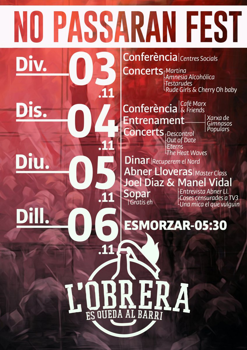 llibertaria_uab's tweet photo. 6 Novembre L'Obrera
9 Novembre CAOS La Tarantula
22 Novembre CSOA La Kasa Estudi 9
30 Novembre CSO La Ruïna

Aquest Novembre s'obre una ofensiva repressiva sobre els espais alliberats per la nostra classe. https://t.co/az5XO1jIUV