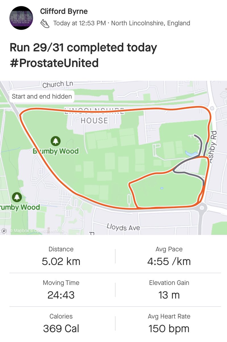 Run 29/31 completed today for @prostateunited 👊🏻 Only 2 more days to go 💪🏻