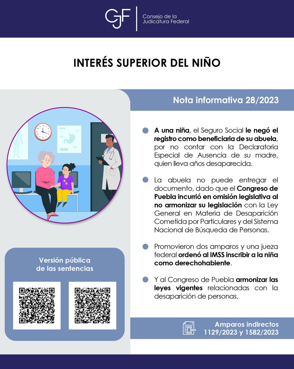 OAJ_Mex's tweet photo. Juzgado Federal ampara a una mujer y a su nieta contra omisiones legislativas del Congreso de Puebla y por la negativa del IMSS de registrar a la menor como su beneficiaria

🔗 https://t.co/Na8o7sqdUE https://t.co/I5ocJ7P1eO