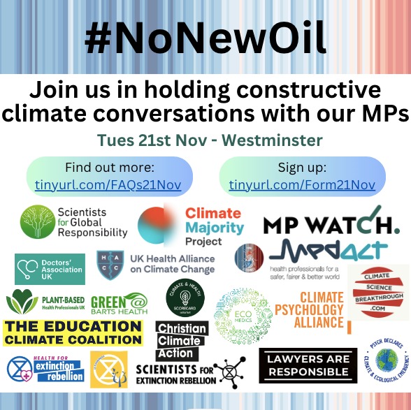There are many organisations and their members going to London on 21 Nov to talk with elected representatives about why we need #NoNewOil and the #CEBill
Will we see you there? 
ℹ️ more info: tinyurl.com/FAQs21Nov 
🖊️ Sign up!: tinyurl.com/Form21N