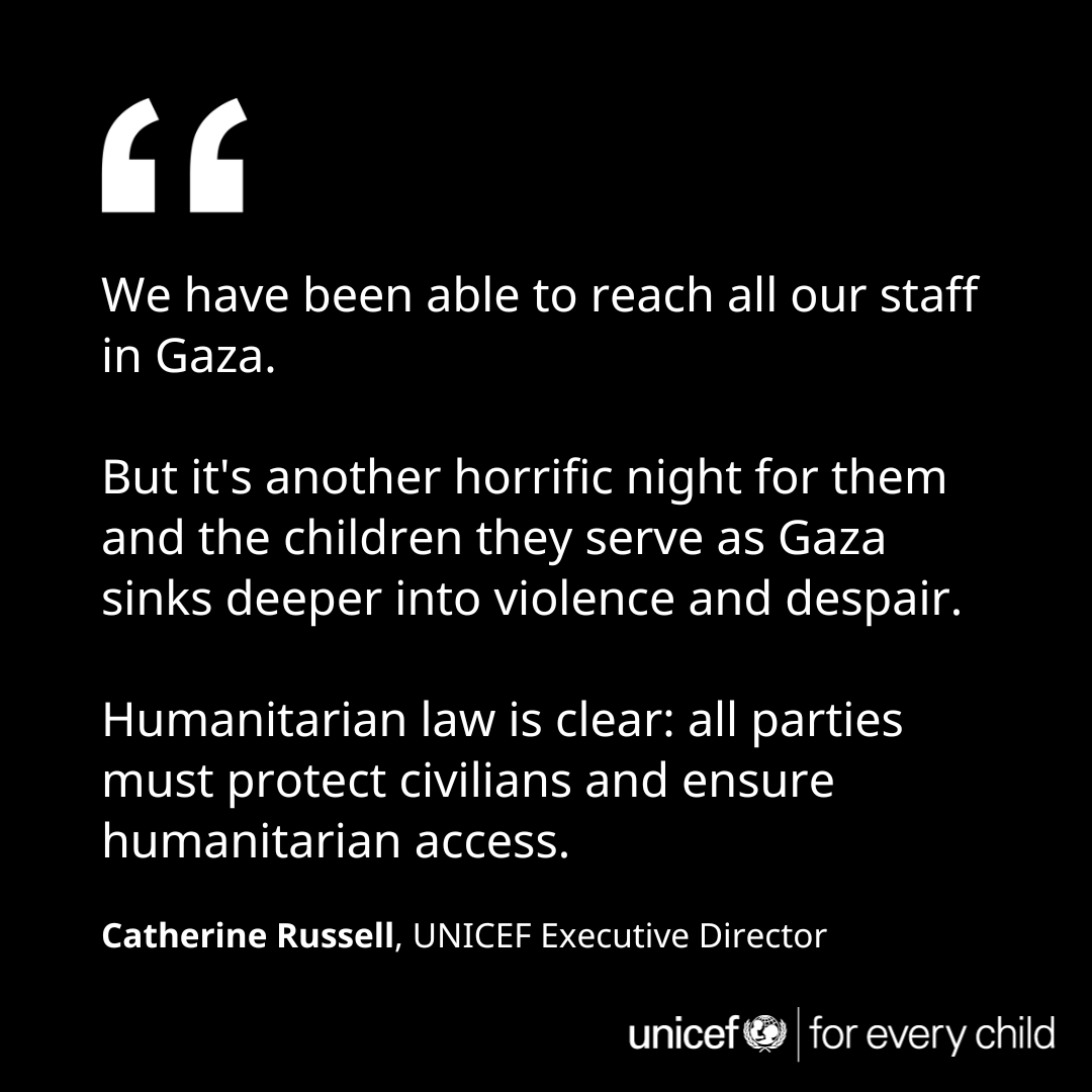 UNICEF's tweet photo. Humanitarian law is clear: all parties must protect civilians and ensure humanitarian access. https://t.co/qrSpdJaaMl