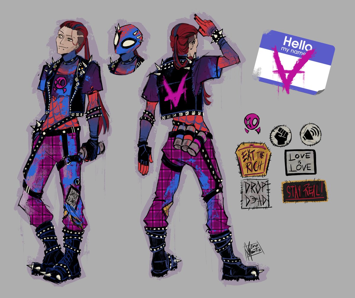 This'll be the start of my thread about V! 
Starting with her main reference (and to anyone who wants to draw her but not deal with the outfit you can give her any punk clothing🤟)
#AcrossTheSpiderverse #spidersona #SpiderVerse #Spiderversefanart