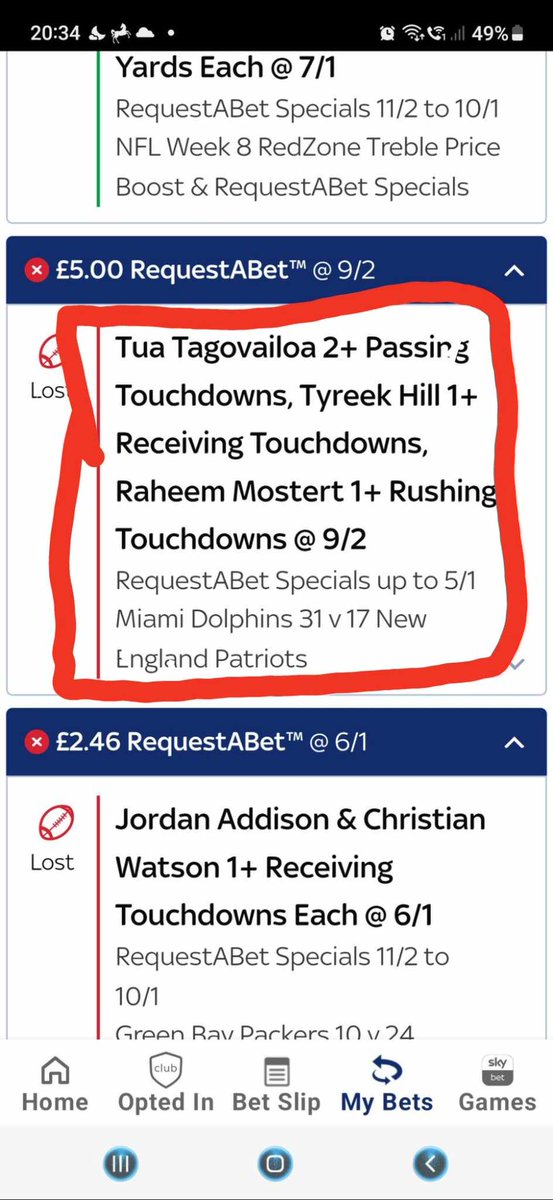 Kaylzz96's tweet photo. @SkyBetHelp Hello, my brother is having an issue with a bet (the one circled in the picture). It has all came in however the bet is showing as lost and he is having no luck with online chat as its not loading. Please can  you help? https://t.co/5FMVI2X3GT