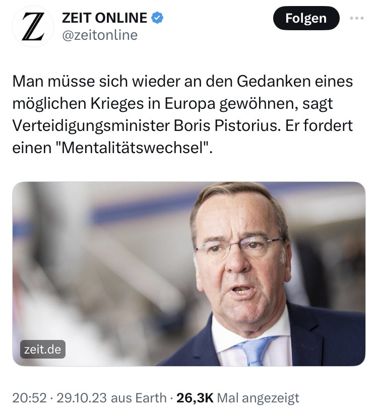 ElefantImRaum2's tweet photo. “Man müsse sich wieder an den Gedanken eines möglichen Krieges in Europa gewöhnen”

Lasst es etwas wirken. 
Auf mich wirkt solches Priming irgendwie. 

Und besser schon Beizeiten: Meine Söhne gebe ich nicht. https://t.co/eroc9ccHhZ