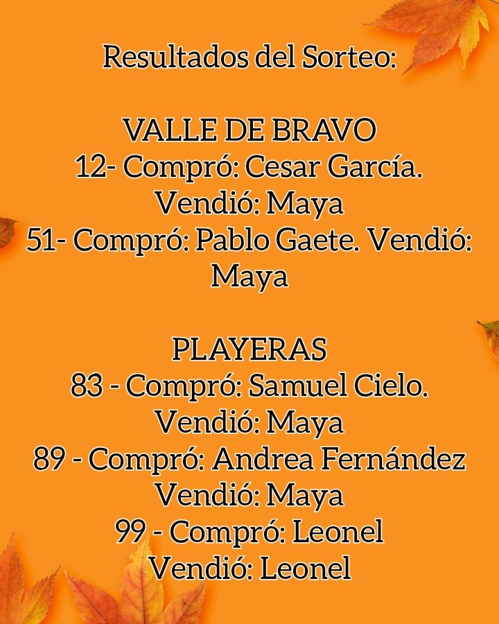 Aquí tenemos los resultados de la rifa Semillas, muchas gracias por participar y felicidades a los ganadores 🥳🥳🥳🥳🥳🥳

Recuerden que para reclamar su premio deben comunicarse con quien les vendió el boleto 😎🧡#UACM #FestivalSemillas2023 #Cultura #RifaSemillas #Escritores