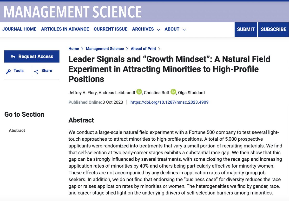 Olga Stoddard (@olgastoddard) on Twitter photo New paper out in Management Science! 🥳
We test the impact of several light touch approaches on closing race & gender gaps in job applications in a field experiment w/a Fortune-500 firm.
With <a href="/JeffreyFloryEco/">Jeffrey A Flory</a> <a href="/AndreasLeibbra1/">Andreas Leibbrandt</a>, Christina Rott. 8 years after the idea was born😳 New paper out in Management Science! 🥳
We test the impact of several light touch approaches on closing race & gender gaps in job applications in a field experiment w/a Fortune-500 firm.
With <a href="/JeffreyFloryEco/">Jeffrey A Flory</a> <a href="/AndreasLeibbra1/">Andreas Leibbrandt</a>, Christina Rott. 8 years after the idea was born😳