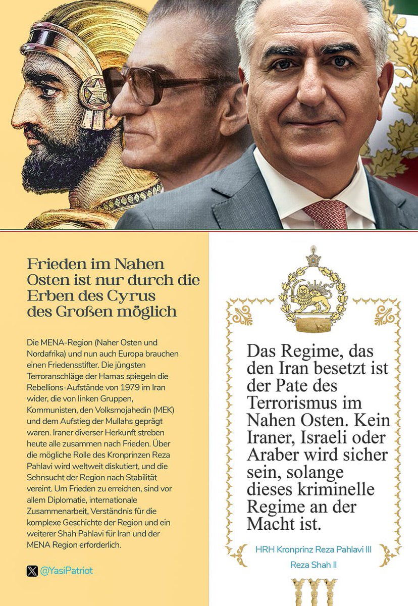 Ivar_lathbrug2's tweet photo. ✅ مهم 

«صلح در خاورمیانه فقط بوسیله میراث داران #کوروش_بزرگ امکان پذیر است»

پوستر و طرح هایی  به صورت چاپی آماده شده است و میتوانید در اینستا و توییتر و سایر پلتفرمها انتشار دهید و یا به صورت فلایر در قطعهای گوناگون چاپ کنید  
«سایز اصلی را در تلگرام 
https://t.co/I135tHQYDu  میتوانید بردارید  »
✅ خیلی خیلی مهم است این فلایر و در انتشار آن در کشورهای خود کوشا باشید . فعلا به دو زبان انگلیسی و آلمانی است . 
#جاویدشاه @PahlaviReza 
#KingRezaPahlavi  
#پهلوی_امید_ملت 
@AlfredHichbak 
@YasiPatriot