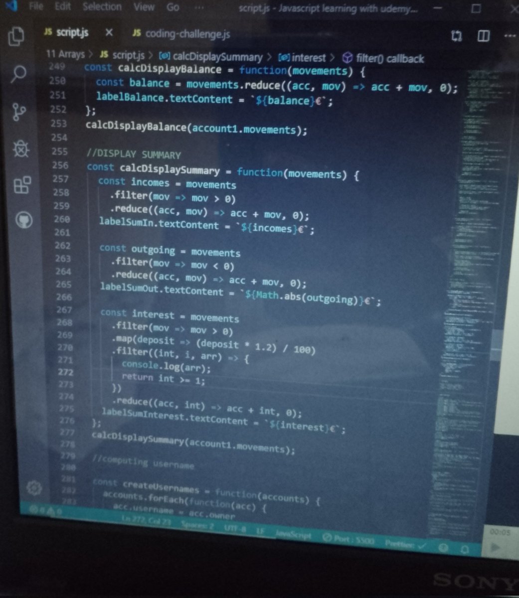 IceAdoniss's tweet image. Day 10/10 of #10DaysOfCode🎉🎉🎉
I learnt how to chain methods majorly the map, filter and reduce methods and I used that to compute the total deposit, withdrawal and interest for the bankist app.
#CodingJourney #100DaysOfCode #javascript