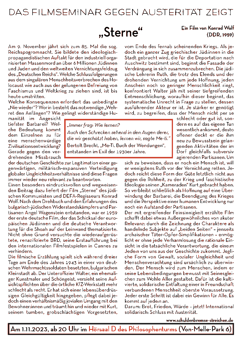 Kino gegen Austerität:
„Sterne“ von Konrad Wolf (DEFA 1959) 
Mittwoch, 1. November 2023, 20 Uhr (ct) im Kokoschka-Hörsaal (Phil D) im Philosophenturm (Von-Melle-Park 6)
Ankündiger: schluss-mit-austeritaet.de/event/filmsemi…