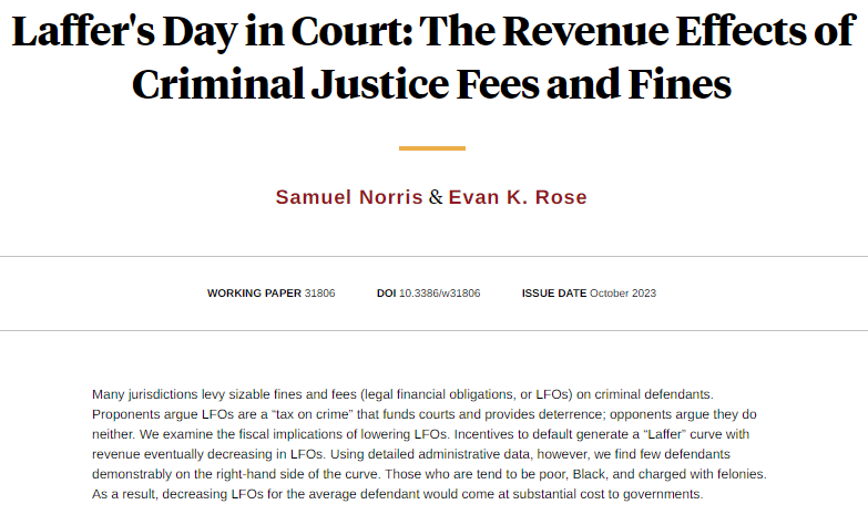 nberpubs's tweet photo. Decreasing criminal justice fees and fines benefits both the most disadvantaged defendants and local governments, from @sambnorris and @evankrose https://t.co/aJKlHcm1IJ https://t.co/Jo5NKP6qhC