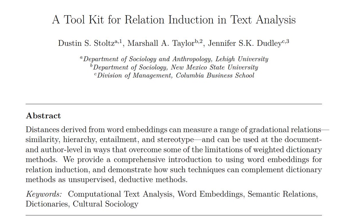 New article forthcoming in Sociological Methods and Research!

Provides a comprehensive overview of the variety of ways word embeddings can be used to derive relations in text data and complement dictionary methods.

Pre-print: osf.io/preprints/soca…

#soctwitter