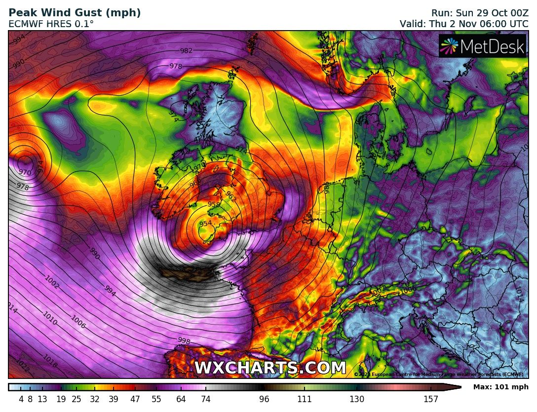 PGDynes's tweet image. There&apos;s a storm coming - and it&apos;s big. It appears that the southern regions of Ireland and the UK will be the hardest hit by the upcoming storm. Still a few days out so things could change but 100 mph gusts are possible. There is Nowhere to hide in the new climate.