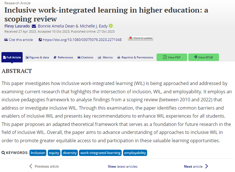 ⭐️I'm incredible proud of this new publication &amp; the hard work of <a href="/michelleeady/">Michelle J. Eady</a> and my PhD Candidate Flevy Lasrado of <a href="/UOWD/">UOWD</a> ⭐️
📢#WIL must be open to all learners! 

Inclusive work-integrated learning in higher education: a scoping review tandfonline.com/doi/full/10.10…