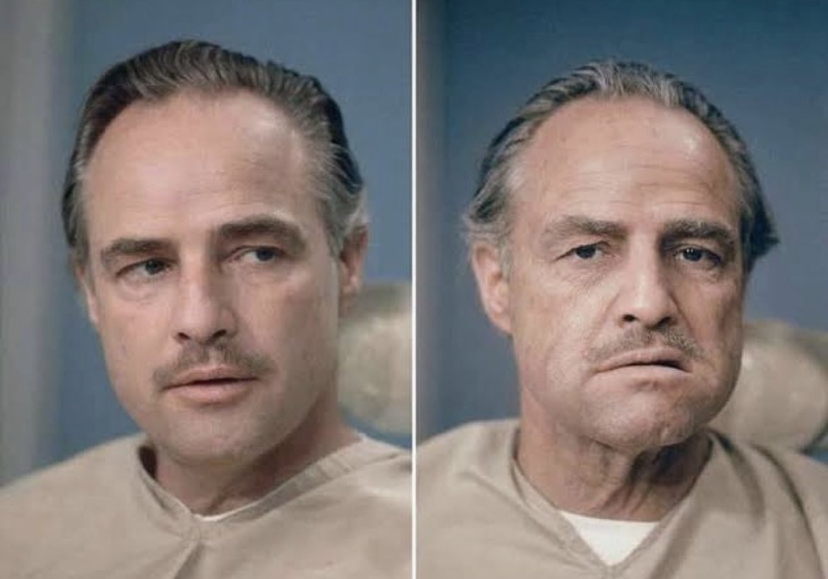 Marlon Brando's transformation through makeup for the role of Don Vito Corleone in the 1972 film 'The Godfather' is truly stunning. 

The film, directed by Francis Ford Coppola, is widely considered one of the greatest movies in cinematic history, and Brando's portrayal of the