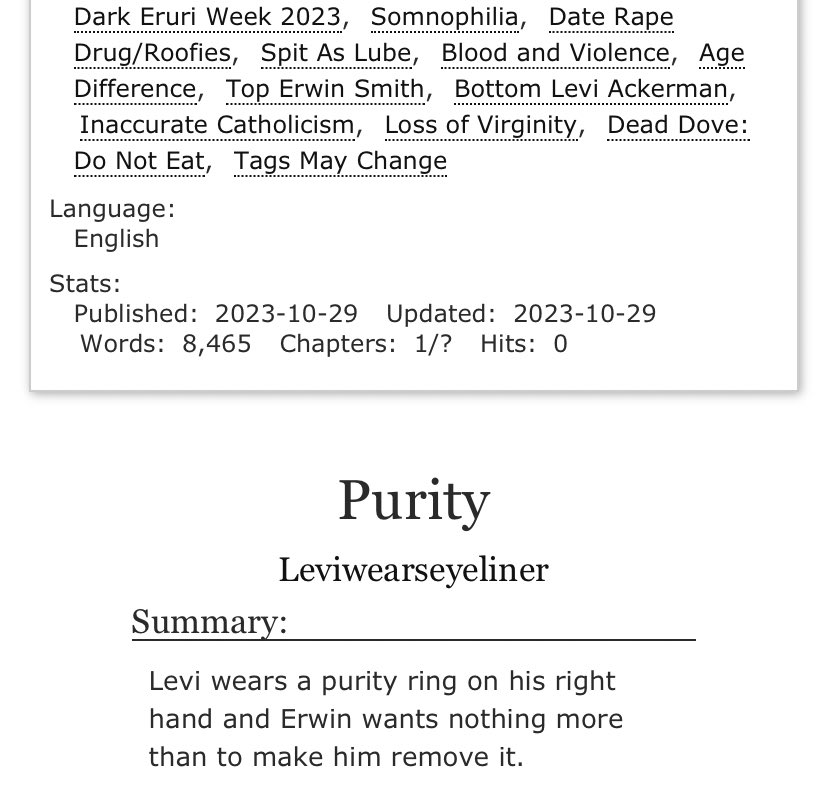 leviseyeliner's tweet photo. i am late for dark Eruri week, but i give you a rewritten, reposted version of an old dead dove fic, Purity.
https://t.co/a7oADKVENc
the first chapter is for the somno prompt. Please mind ALL the tags 🩸🖤 @dark_eruri #darkeruriweek https://t.co/snqnep7SnO
