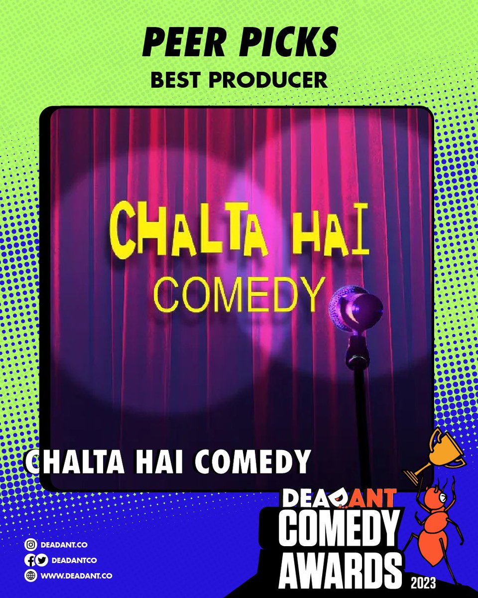 <a href="/itsgurleenpannu/">Gurleen Pannu</a> <a href="/KushaKapila/">Kusha Kapila</a> <a href="/TheComicSingh/">Manpreet Singh</a> <a href="/SirRaunaqRajani/">Raunaq Rajani</a> <a href="/thetanmay/">Tanmay Bhat</a> <a href="/suhelbaz/">Mohd Suhel</a> <a href="/thevirdas/">Vir Das</a> @KananGill <a href="/AbhiUpmanyu/">Abhishek Upmanyu</a> <a href="/adg_5/">Anirban Dasgupta</a> <a href="/IndieHabitat/">The Habitat</a> .<a href="/ChaltaHaiComedy/">Chalta Hai</a> gets the W for the best producer in 2022 for pushing the standup comedy envelope and keeping the highest standards when putting on a show 🥳

The winners of the DA Peer Picks awards are decided by a panel of 12 accomplished comedians from across India.

#DACA23
