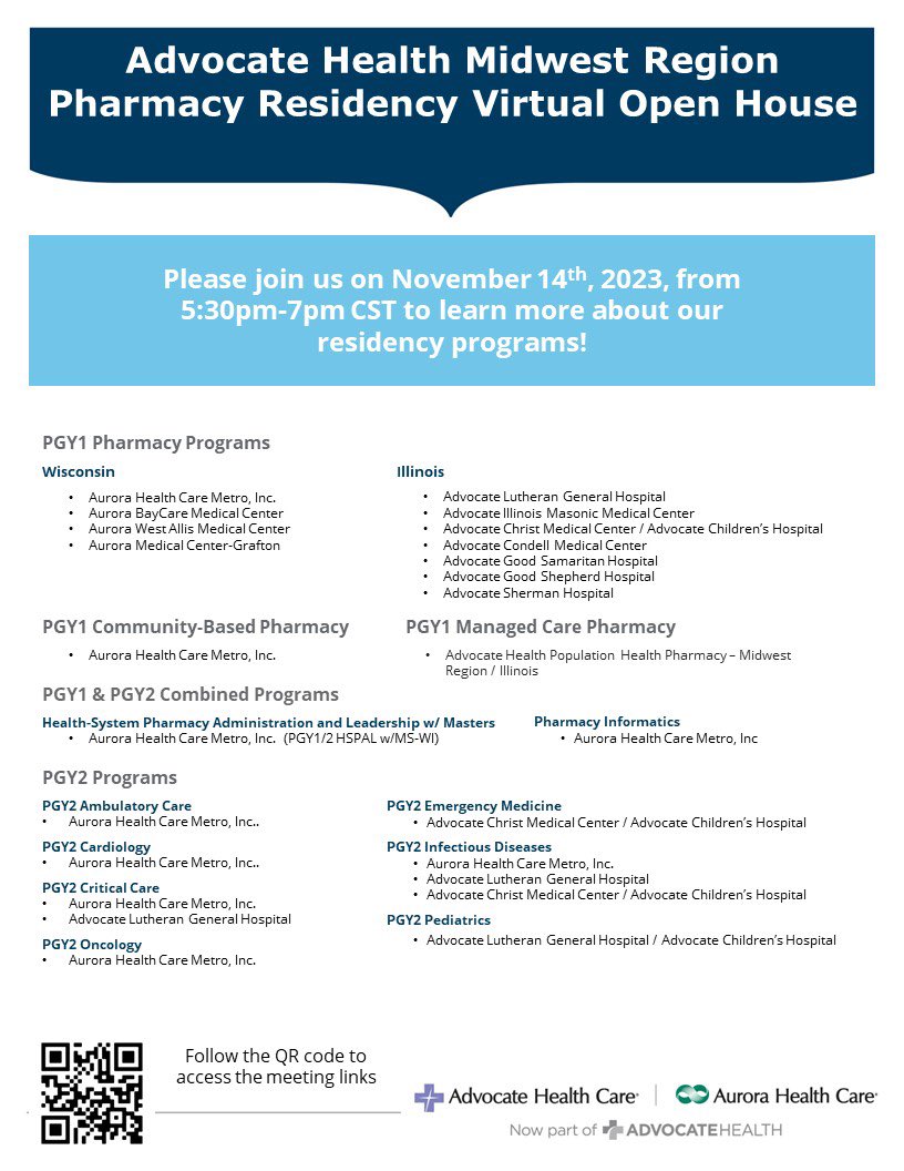 RayTuximab's tweet photo. Advocate Health is hosting a virtual open house for our residency programs in the Midwest Region. Come check them out on 11/14/23! #OnePharmacy https://t.co/p7BxdHlbJm