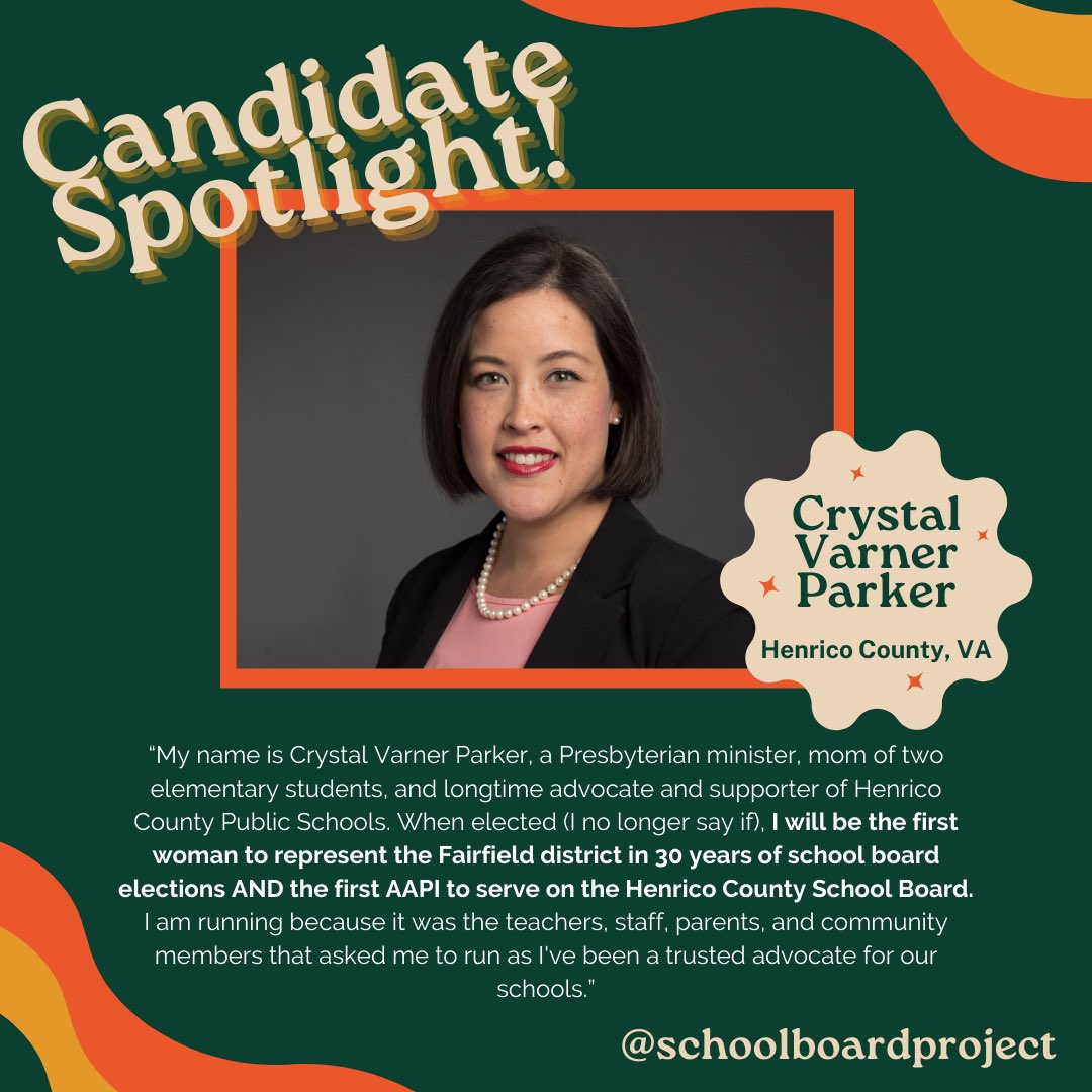 Our next candidate spotlight is Crystal Varner Parker! Crystal is mom of 2 HCPS students &amp; financial educator who taught students about economics &amp; personal finances. To learn more about Crystal &amp; support her campaign - click the link in our bio 🌟🏫
