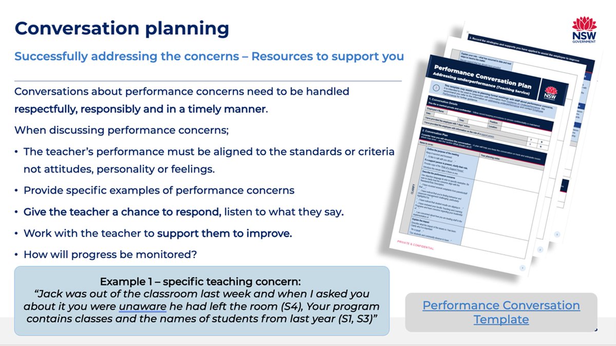 Thank you to the Professional and Ethical Standards team for teaching Middle Leader Induction conference participants some helpful tips and tricks for having regular and meaningful performance conversations with team members they supervise.  #NSWDoEMLI #NSWSLI