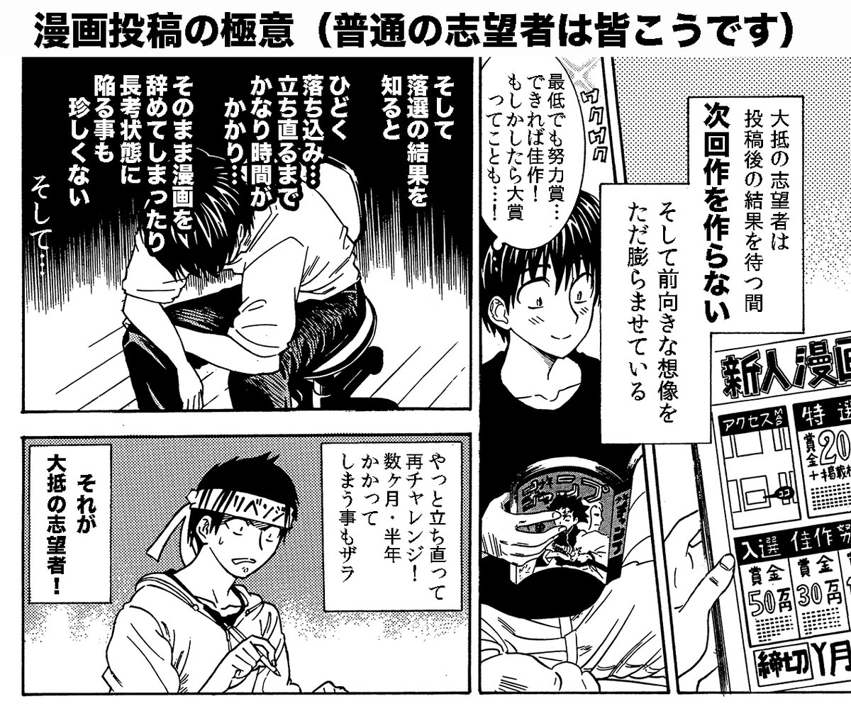 【漫画投稿の極意・連続投稿】(1/2) 普通の志望者は投稿後「次回作を作らず」結果を待ちます これが落とし穴で、連続投稿の足枷となります 注意しましょう