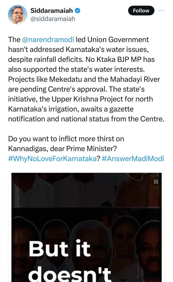 Dear Shri. @siddaramaiah , We know it is tradition for Congress to spread false rumour & misinformation. But it isn’t becoming of a CM to wreak havoc in peoples lives by doing so. You are very well aware of the status of the Mekedatu project - if not, let us remind you, since…