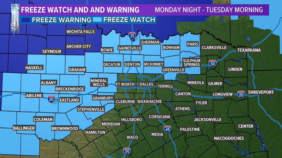 ICYMI: A Freeze Watch has been issued for Monday night into Tuesday morning. We fully expect this to expand to nearly all of North Texas for Tuesday night and Wednesday morning. #wfaaweather