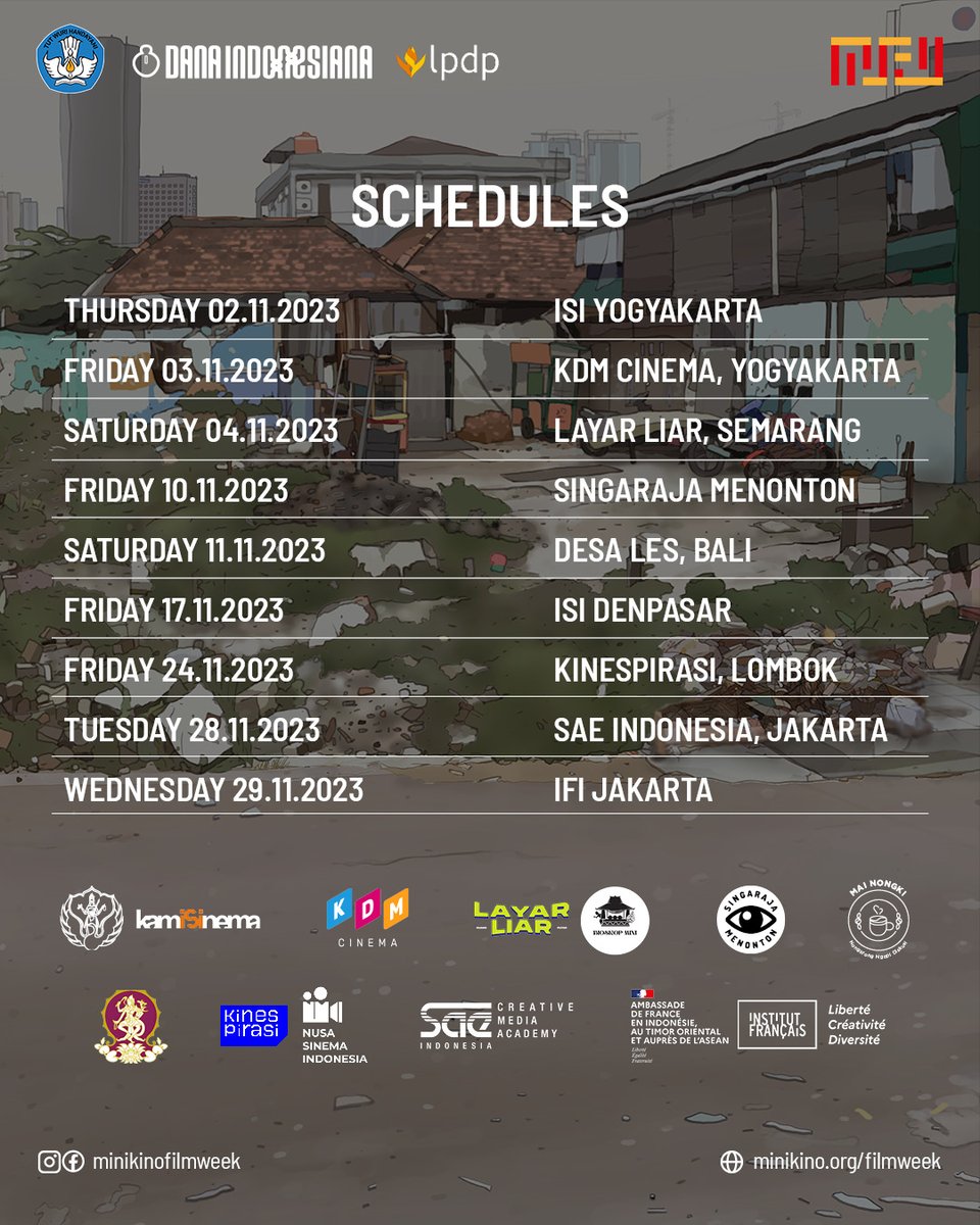 [MFW9 POST FESTIVAL ROAD SHOW] menghadirkan pemutaran film pilihan dari para pemenang kompetisi nasional maupun internasional MFW9 2023. Hadir di 9 lokasi, 6 kota di Indonesia sepanjang bulan November 2023.
Lihat jadwal dan film-film yang akan diputar di:
minikino.org/filmweek/post-…