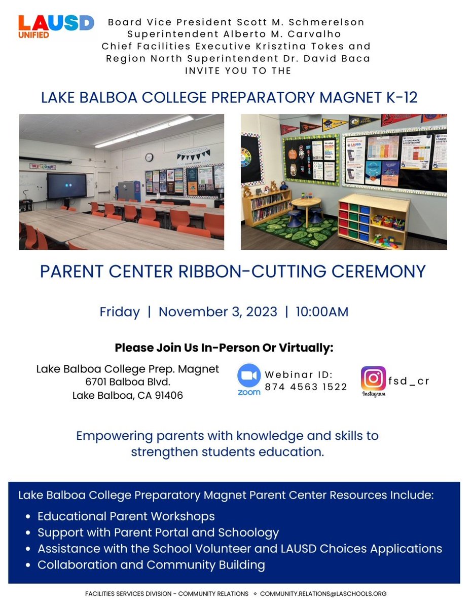lakebalboaprep's tweet image. #Parents join us on Friday, November 3rd, for our Parent Center Ribbon Cutting Ceremony and #student performances. @LASchools @LASchoolsNorth @ResedaCOS @ScottAtLAUSD #lakebalboa #LAUSD #parentcenter #parentinvolvement #parentcenterribboncutting #ribboncuttingceremony
