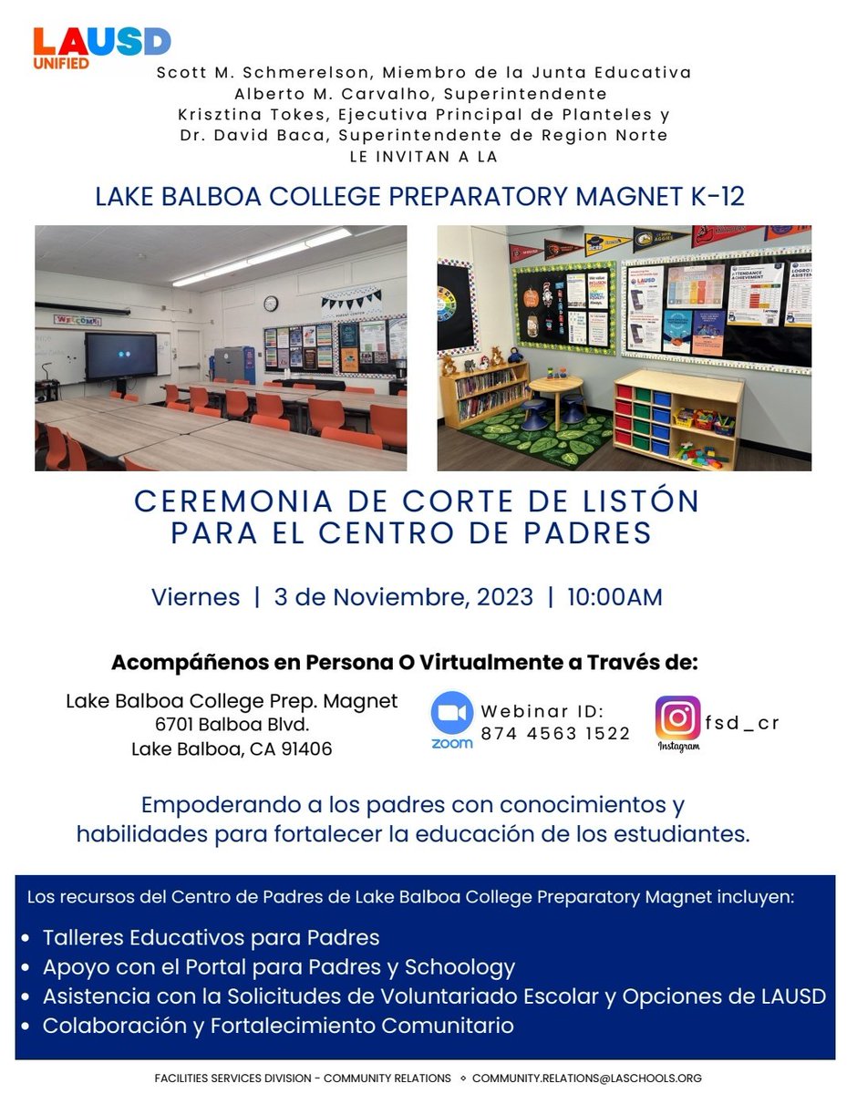 #Parents join us on Friday, November 3rd, for our Parent Center Ribbon Cutting Ceremony and #student performances. @LASchools @LASchoolsNorth @ResedaCOS @ScottAtLAUSD #lakebalboa #LAUSD #parentcenter #parentinvolvement #parentcenterribboncutting #ribboncuttingceremony