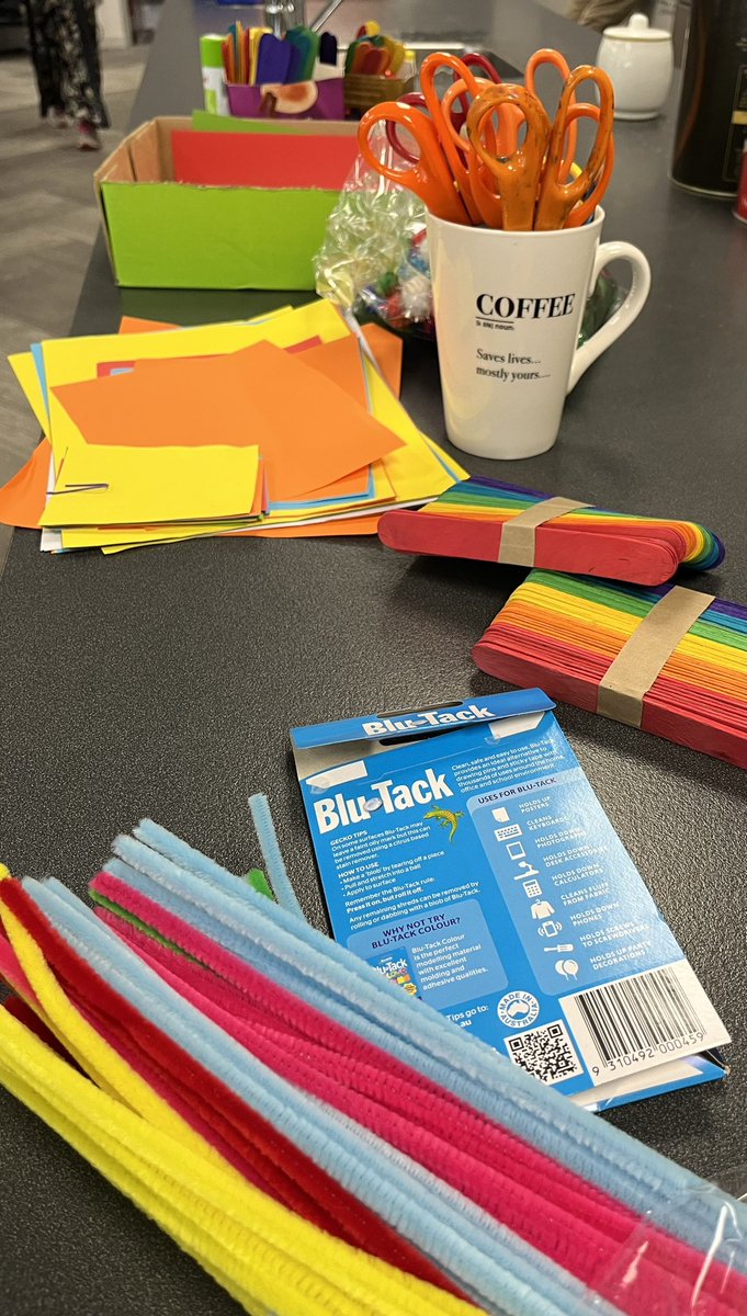 Today’s after school meeting for PD (professional development) involves rainbow coloured craft materials…
🌈  ✂️ ✏️